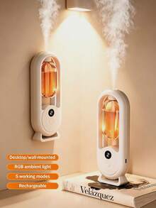 1pc White Ultrasonic Aromatherapy Diffuser, Wall-Mounted & Desktop 2-In-1 Diffuser, With 7-Color LED Night Light, Digital Display Gear Adjustment, 5 Operating Modes Switchable, Lemon Series Fragrance, 8 Essential Oils To Choose From, USB Powered, Rechargeable, Suitable For Large Spaces At Home, Gentle And Versatile For Bedroom, Living Room, Office, Pet Room, Hotel, Bathroom, Car - White - View 2