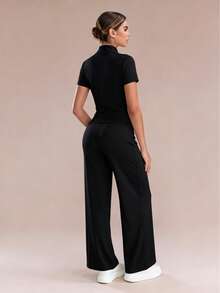 YZMJAFU Women's 2-Piece Yoga Set, Short Sleeve Zip-Up Jacket & High-Waisted Wide Leg Pants, Slim Fit Gym Workout Casual Outfit - Black - View 2