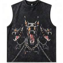 2026 New Arrival Summer Unisex Cerberus Doberman Graphic T-Shirt,Sleeve Tee, Gothic Three-Headed Dog Print Oversized Top For Streetwear - 黑色背心 - 查看 1