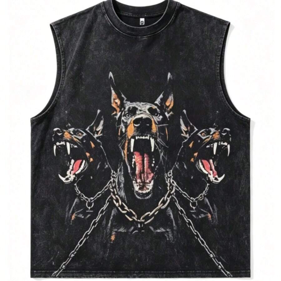 2026 New Arrival Summer Unisex Cerberus Doberman Graphic T-Shirt,Sleeve Tee, Gothic Three-Headed Dog Print Oversized Top For Streetwear - 黑色背心 - 查看 1