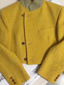 Women's Vintage Yellow Tweed Tie-Front Contrast Color Stand Collar Long Sleeve Polyester Fiber Autumn/Winter Coat - Mustard Yellow - View 9
