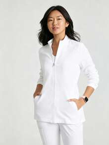 Solid Color Zipper Long Sleeve Multi-Pocket Set, Casual Sports Outfit White Fall - White - View 10