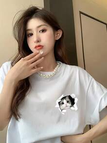Women's Short Sleeve T-Shirt With Elegant Cartoon Print, Pure Fabric, Perfect Base Layer For Autumn, Fast Local Delivery - 白色 - 查看 4