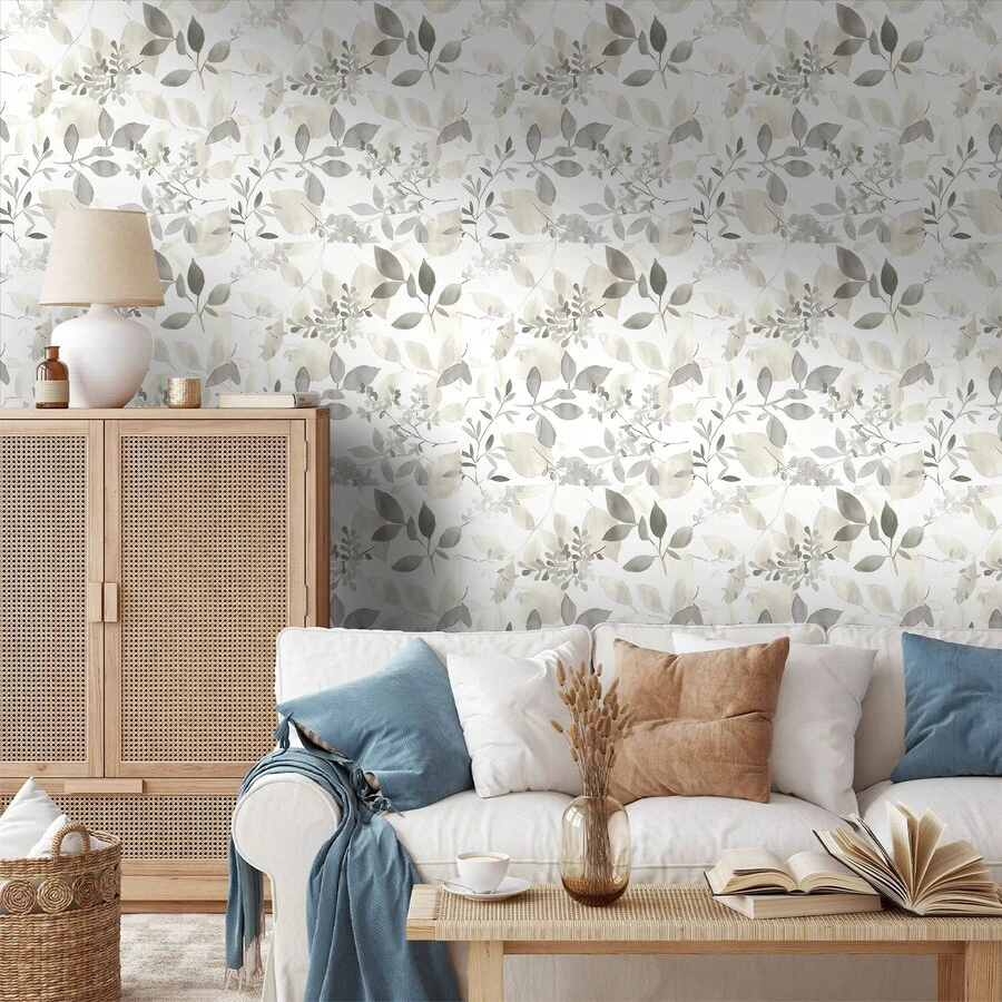 Scandinavian Light Gray Leaf Peel And Stick Wallpaper, Minimalist Botanical Self Adhesive Contact Paper, Waterproof Removable PVC Wall Decor For Bathroom Living Room Cabinet Renovation, Renter Friendly Home Decoration 1 Roll 45x100/200/300/500cm