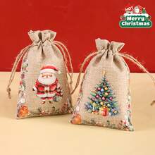 1/6/12/24pcs Festive Christmas Jute Burlap Gift Bags With Drawstring Closure - Watercolor Santa, Snowman, Nutcracker, Gingerbread For Man & Reindeer Designs, Rustic Linen Fabric For Holiday Party Favors, Treat Bags, Jewelry Storage & Xmas Decorations - Multicolor - View 2