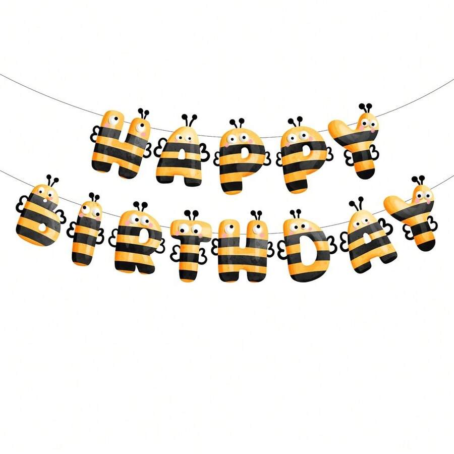 1Set Cartoon Bee Happy Birthday Banner Garland, Yellow Black Striped ...
