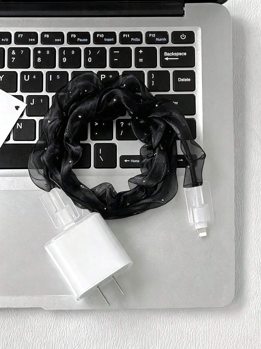 Black Mesh Charger Protection Set - Wrinkled Ribbon Anti-Break Decorative Rope, Suitable For 18/20W Fast Charging Cables And Chargers, Data Cable Protective Sleeve, Prevents Scratches And Stains, Japanese And Korean Style Design, Holiday Gift Choice - Black - View 1