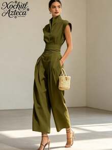 Nuevo vestido de cercanías con cintura alta y cintura alta y blusa suelta de cuello alto - Verde militar - Ver 2