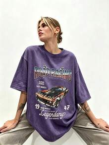 Women's Summer Casual T-Shirt, Y2K Letter & Car Print Round Neck Short Sleeve Crew Neck Tee For Holiday, Vacation, Spring Festival & Graphic Summer - 紫色1 - 查看 12