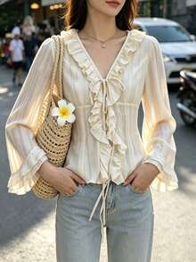 Blus Wanita Elegan Romantis Vintage Fashion untuk Perjalanan, Bergaris, Bertekstur Chiffon Jacquard Tulle, Leher V, Plaket Berkerut, Lengan Panjang, Gaya Bohemian yang Mengalir, Atasan Serbaguna Sempurna untuk Musim Semi dan Gugur - Aprikot - View 1