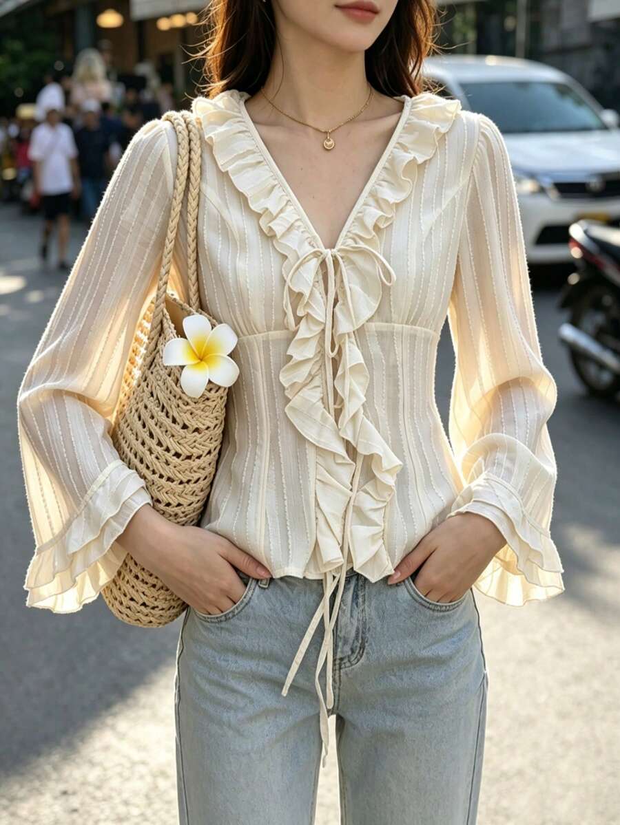 Blus Wanita Elegan Romantis Vintage Fashion untuk Perjalanan, Bergaris, Bertekstur Chiffon Jacquard Tulle, Leher V, Plaket Berkerut, Lengan Panjang, Gaya Bohemian yang Mengalir, Atasan Serbaguna Sempurna untuk Musim Semi dan Gugur - Aprikot - View 1