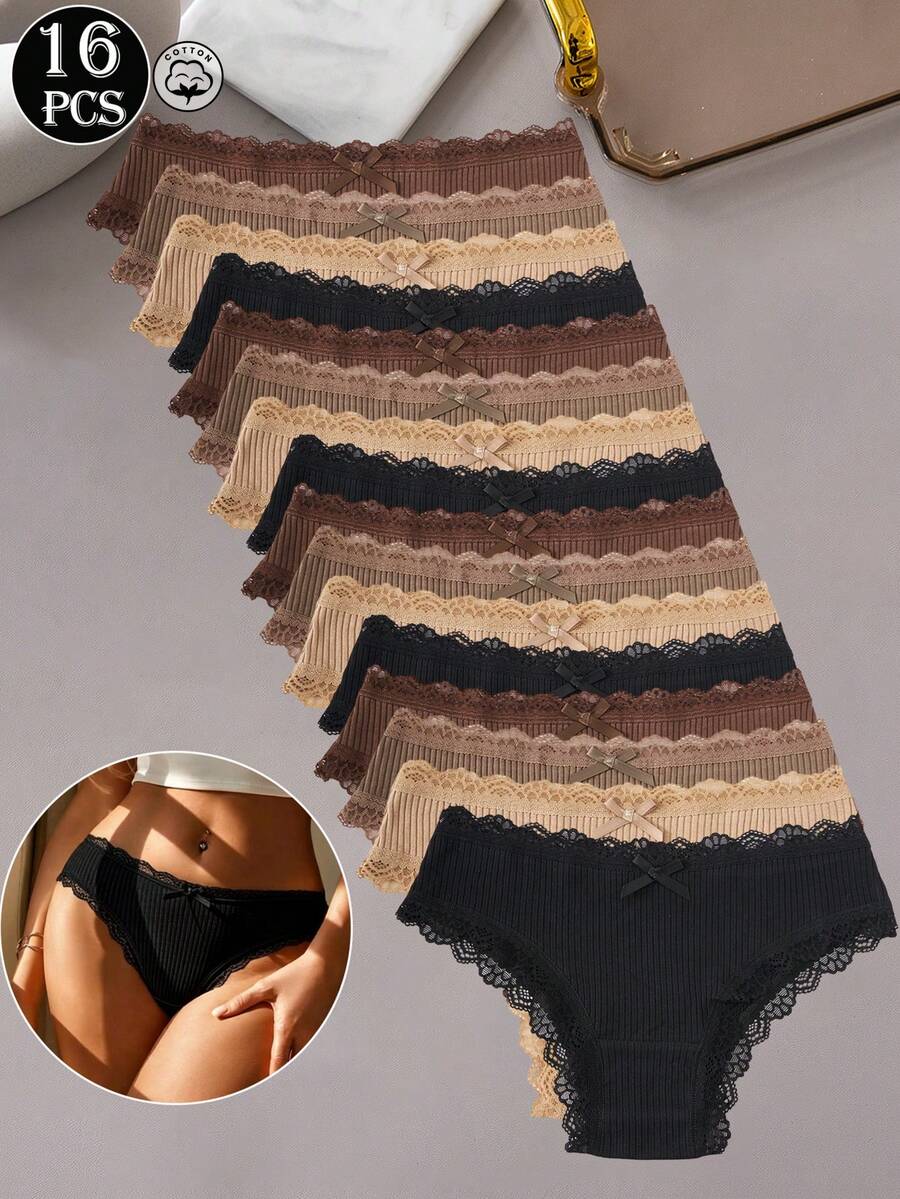 16pcs Women's Floral Contrast Lace Trim Cotton Panties, Everyday Underwear - Multicolor - View 1