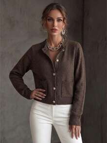 Autumn/Winter Commute Single-Breasted Long Sleeve Pocket Knit Cardigan, Versatile - Coffee Brown - View 2
