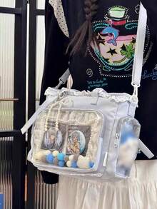 1個日系可愛軟妹清新百搭女款單肩包，珍珠蝴蝶結與蕾絲飾邊凸顯精緻優雅，2D JK 動漫展 DIY 透明裝飾包，雙面口袋透明層日常休閒大容量托特包，學生書本攜帶輕量托特包，可愛甜美風格極具吸引力斜挎包，尼龍防水面料，動漫周邊展示 Ita 包，學生上學通勤包，動漫展、購物、派對、旅行 - 藍色 - 查看 4