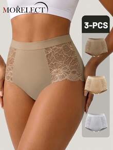 Morelect 3pcs Women's Mid-High Waist Lace Triangle Panties, Natural Fit, Breathable Soft Lightweight, Daily Wear - Multicolor - View 2