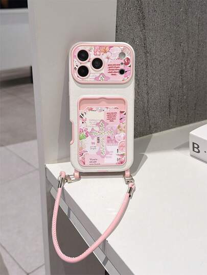 Étui de protection antichute pour téléphone en matériau TPU avec porte-carte et cordon, motif mode imprimé léopard, fleur croisée, nœud, cerise et cœur, compatible avec les séries Apple 11/12/13/14/14plus/15/15plus/16/16plus/17/17pro, cadeau de fête, style antichute pour trajet quotidien