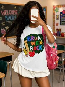 Youth Bruh We Back Chalkboard Pencil Apple Graphic 100% Cotton Short Sleeve T-Shirt, Retro Colorful Letter Casual Street Tee For Spring Summer - White - View 4