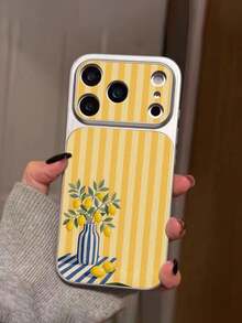 1pc Fashion Summer Striped Vase Lemon Pattern Full Coverage Button Classic Anti-Drop Metal Paint Premium Texture Soft Texture PU Leather Phone Case, Suitable As Birthday Gift, Holiday Gift For Friends, Family, Couples, Yourself, Compatible With IPhone 17/16/15/14/13/14/12/11 Series - Multicolor - View 2