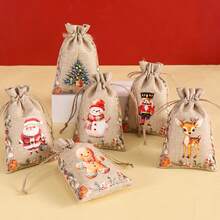 1/6/12/24pcs Festive Christmas Jute Burlap Gift Bags With Drawstring Closure - Watercolor Santa, Snowman, Nutcracker, Gingerbread For Man & Reindeer Designs, Rustic Linen Fabric For Holiday Party Favors, Treat Bags, Jewelry Storage & Xmas Decorations - Multicolor - View 4