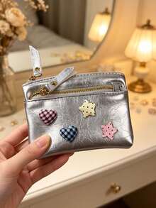 Cute Women Zipper Coin Purse,Y2k Heart Star Decorations,Double Zipper PU Wallet,Portable Key Card, Lipstick Holder,Daily Change Pouch,For Women Girl - Multicolor - View 7