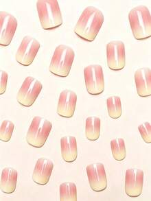 24pcs Pink-Yellow Gradient Square Short Press-On Full Coverage Classic Minimalist French Style Artificial Nails For Party, Date And Back To School Daily Wear - Multicolor - View 2