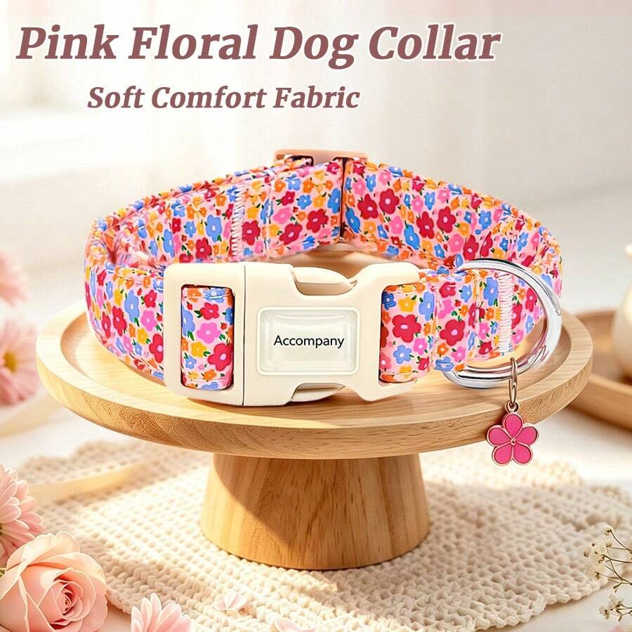 Girl Colorful Floral Print Dog Collar, Adjustable Buckle, Skin-Friendly Non-Choking, Universal For Small, Medium And Large Dogs, Pet Decorative Neck Collar, Qixi Festival, Easter, Holiday Dress-Up Accessory - Pink - View 1