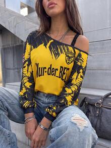 Kaos Panjang Wanita Gaya Jersey Dortmund Kasual dengan Kerah Asimetris dan Renda Warna Kontras, Ukuran Besar, Cocok untuk Pemakaian Sehari-hari dan Kegiatan Musim Gugur/Dingin - Kuning - View 5