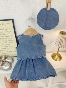 2pcs/Set Girls Elegant Bow Decor Vest With Hat, Pleated Skirt, Summer - Medium Wash - View 3