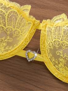 2件組女款刺繡內衣套裝，半透心型胸罩與蝴蝶結內褲，性感睡衣，女款秋季服飾 - 黃色 - 查看 4