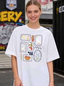 Women's Loose Crew Neck T-Shirt, Coquette Goose Cottagecore Style, Floral Gardening Pattern For Autumn, Fast Local Delivery - 白色 - 查看 6