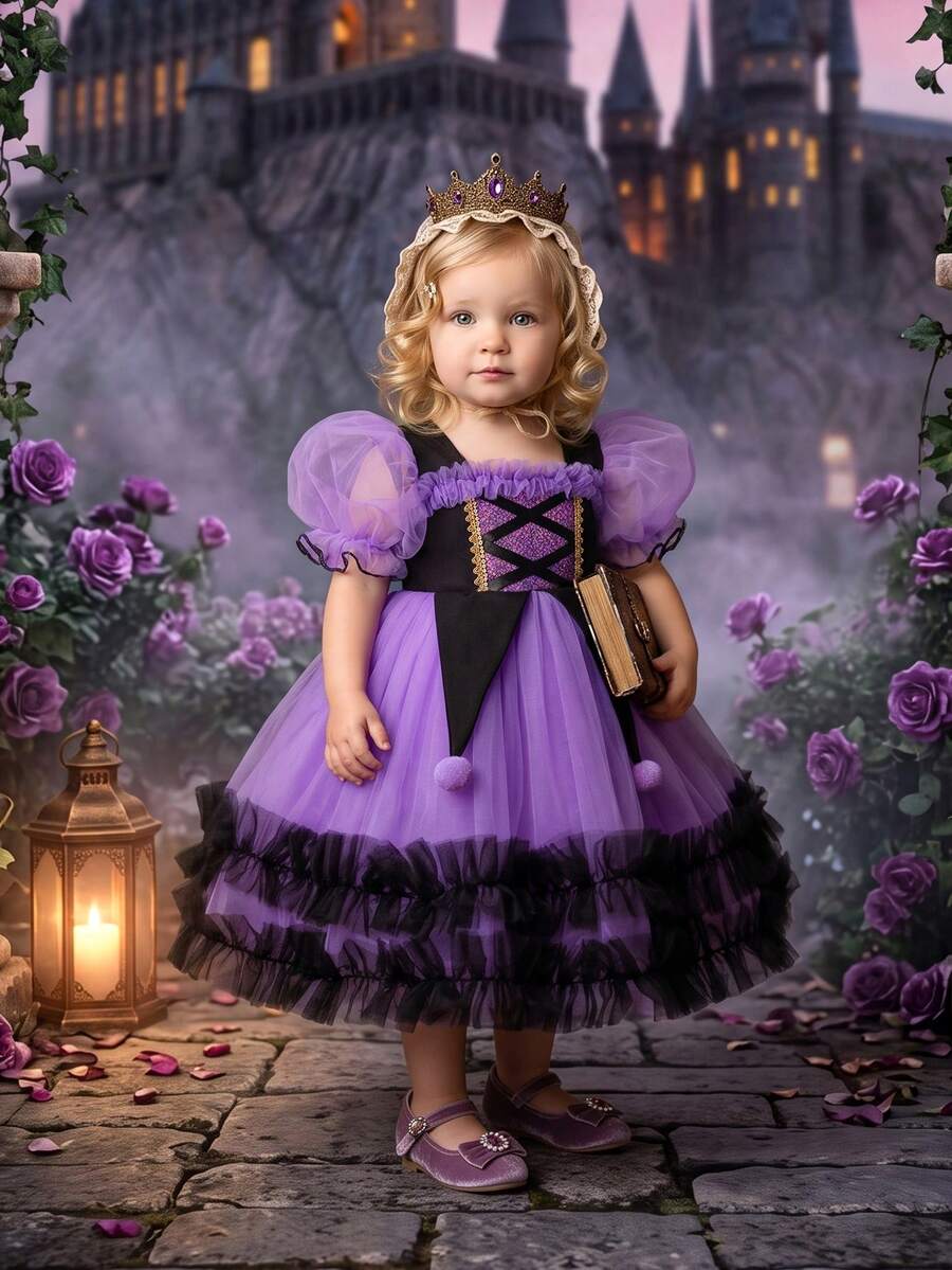Baby Girls Multicolor Puff Sleeve Ruffle Mesh Tutu Dress, Princess Party Dress For Kids, Suitable For Halloween, Birthday Party, Christmas, Party, Important Occasions, Holiday Celebration Outfit - Multicolor - View 1