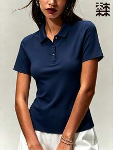mulinsen 女款純色 Polo 領短袖襯衫，運動休閒日常夏季長袖上衣 - 藏蓝色 - 查看 2