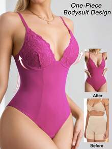 1pc Seamless Lace Deep V-Neck Shaping Bra, Effective Body Shaper Suitable For Weddings And Parties - Hot Pink - View 4