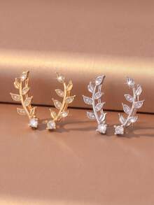 1 Pair Gentle Willow Leaf Shaped Single Diamond Curved Hoop Earrings, Suitable For Women's Dating, Outing And Gifting - Willow Leaf - View 4