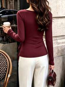 minisummer Women Fall Elegant Wine Red Wrap Long Sleeve Top, V Neck Side Tie Slim Fit Casual Going Out Blouse - Burgundy - View 3