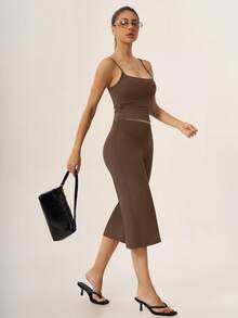 TimeOff Women's One Set Solid Color Adjustable Strap Camisole & Wide Leg Mid-Length Shorts Sports Set - Chocolate Brown - View 9