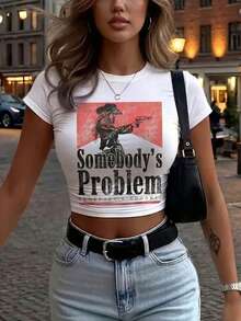 "Someone's Problem" Rodeo T-Shirt – Y2K T-Shirt | Slim Fit Women's Crew Neck Short Sleeve Top | A Must-Have For Female Cowgirls And Rodeo Enthusiasts. - 白色 - 查看 3