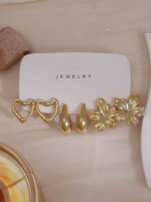 6-24pcs Gold Fashion Elegant Women's Earrings Set, Heart, Stripe, Flower, Flower, Hoop, Water Drop, Hollow Lace Design, Suitable For Summer Outings - Gold - View 13