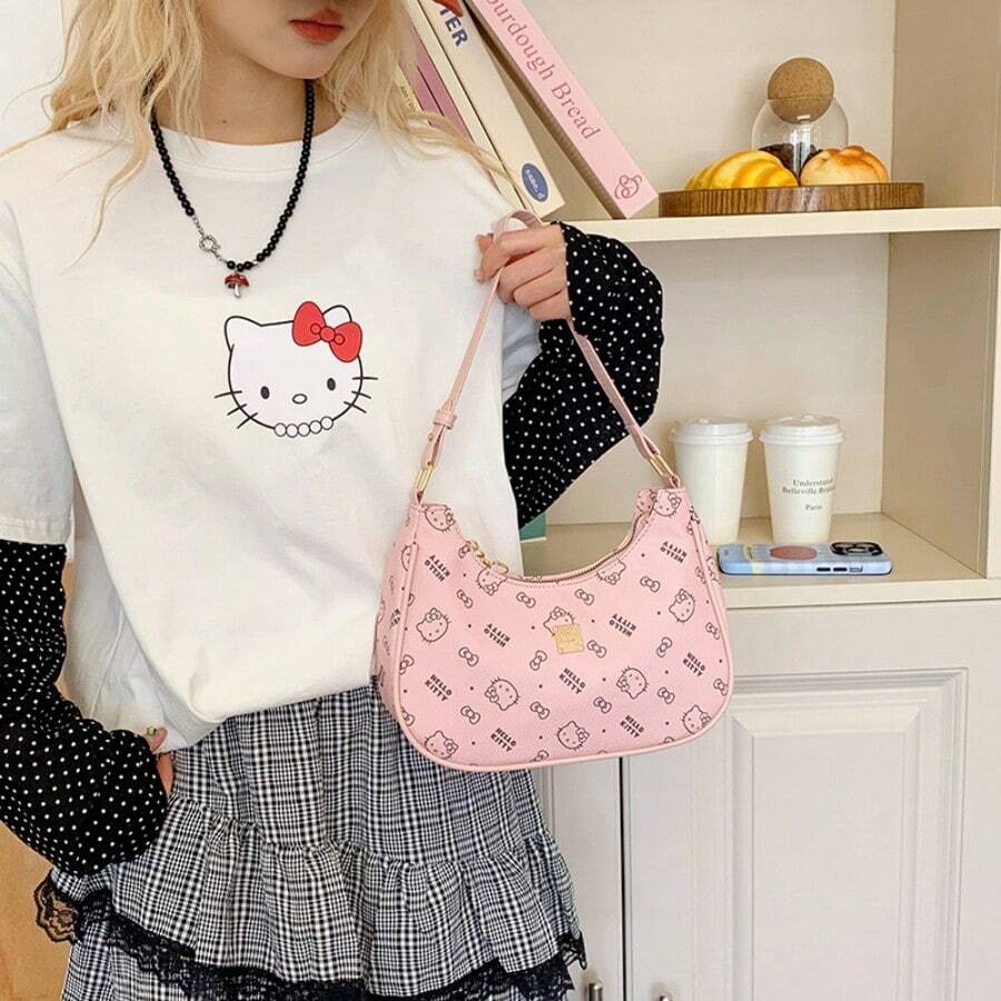 1件裝 Sanrio Hello Kitty 人造皮革卡通托特包-大容量女款單肩包,適合日常通勤、購物、婚禮、生日及單身派對 - 彩色 - 查看 1