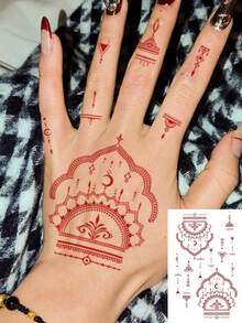 1張防水酒紅色曼陀羅月亮棕櫚海娜臨時紋身貼紙，幾何手指 Mehndi 轉印假紋身，持久全手貼紙，適用婚禮波希米亞海灘度假派對手部彩繪裝飾 - 紅色 - 查看 1