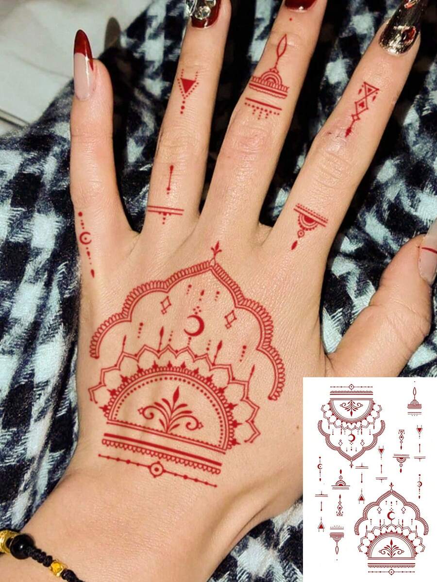 1張防水酒紅色曼陀羅月亮棕櫚海娜臨時紋身貼紙，幾何手指 Mehndi 轉印假紋身，持久全手貼紙，適用婚禮波希米亞海灘度假派對手部彩繪裝飾 - 紅色 - 查看 1