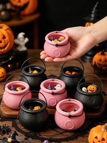6pcs Mini Witch Cauldron With Handle, Pink & Black Halloween Small Candy Bucket, Trick Or Treat Pot, Tabletop Decor, Party Favor Container, Halloween Miniature Prop For Home Party Decoration - Multicolor - View 2