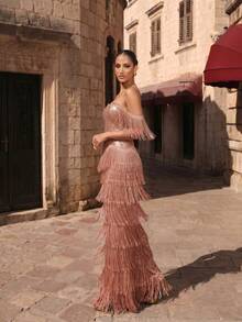 LOVE&LEMONADE Gold Cold Shoulder Sequin Tassel Long Evening Gown Wedding Dress - Gold - View 5