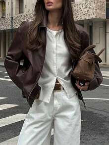 Autumn/Winter Retro Women's Casual Fashion Deep Brown Long Sleeve Lapel PU Leather Jacket - Chocolate Brown - View 4