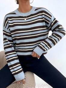 Women's Striped Crew Neck Long Sleeve Pullover Sweater, Casual Ribbed Knit Medium Stretch Top, Suitable For Autumn/Winter Wear - Blue - View 10