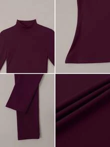 TimeOff Setelan Legging Ketat Lengan Panjang Kerah Tegak Slim Fit Warna Polos untuk Wanita Musim Gugur/Dingin - Burgundy - View 4