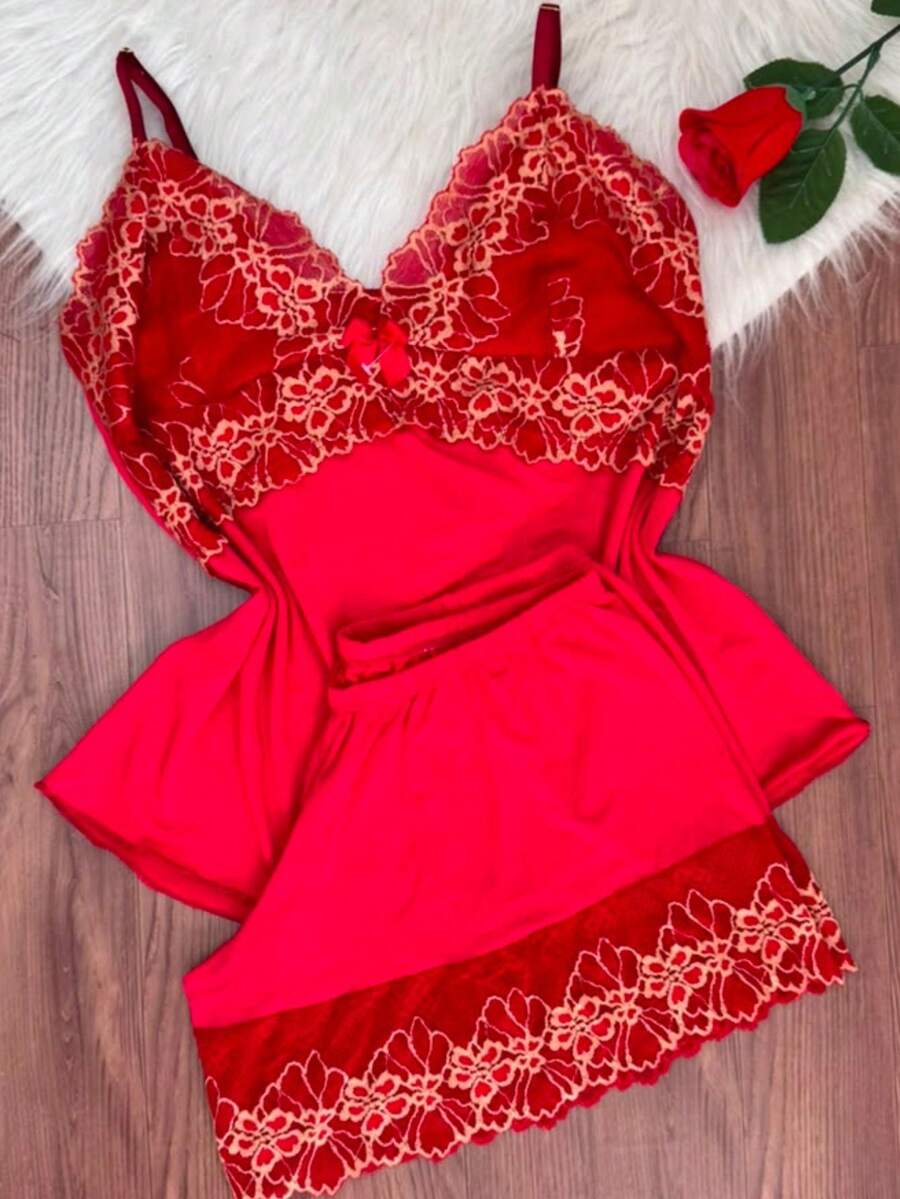 Short Doll Women's Pajama Set / Bicolor Lace - 珊瑚橙 - 查看 1
