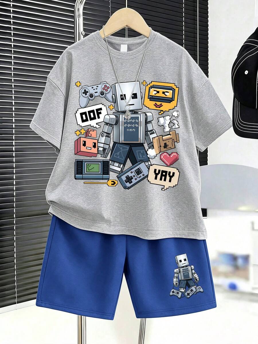 2pcs/Set Pakaian Kasual Bergambar Robot Pixel Lucu untuk Remaja Laki-laki, Termasuk Kaos dan Celana Pendek, Kain Lembut dan Nyaman, Cocok untuk Sekolah dan Pakaian Sehari-hari di Musim Panas - Grey - View 1