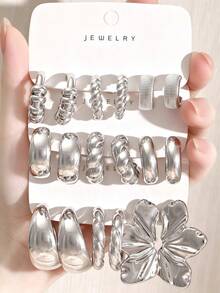 3/9 Pairs Silver Stud Earrings Set, Twisted Rope, Petal Shape, C-Hoop, Round Smooth C-Hoop Silver Earrings, Suitable For Daily Wear, Travel, Vacation Or Gift For Friends And Family - Silver - View 1