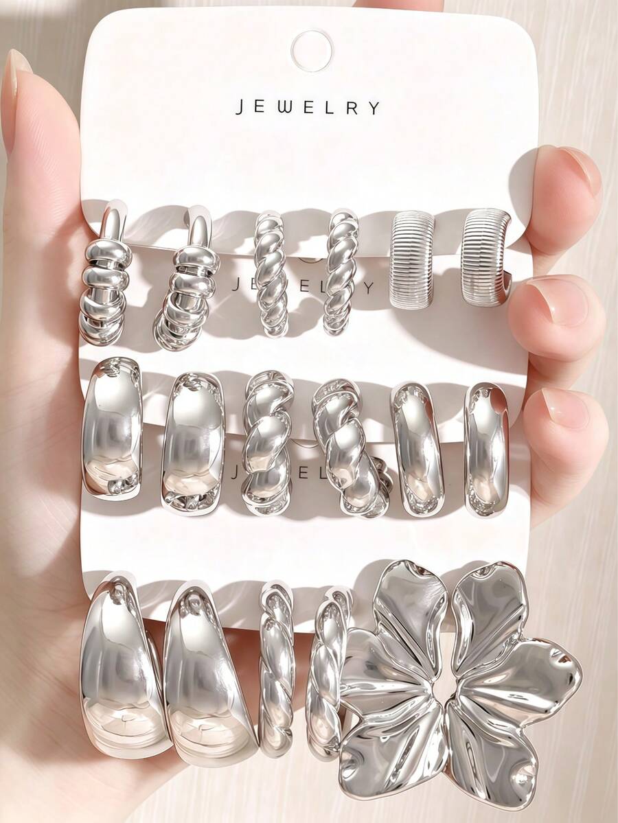 3/9 Pairs Silver Stud Earrings Set, Twisted Rope, Petal Shape, C-Hoop, Round Smooth C-Hoop Silver Earrings, Suitable For Daily Wear, Travel, Vacation Or Gift For Friends And Family - Silver - View 1